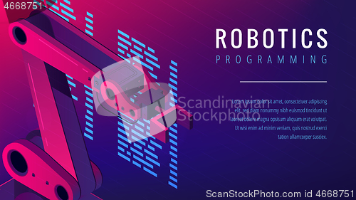 Image of Isometric automated robot arm as robotics programming concept.