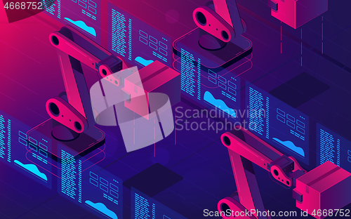 Image of Automated robot arms 3d isometric vector illustration