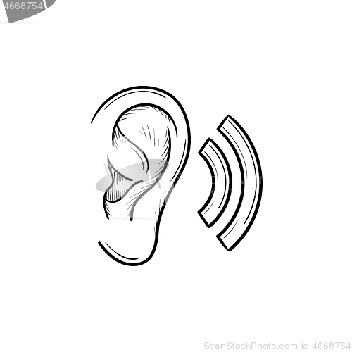 Image of Human ear with sound waves hand drawn outline doodle icon.