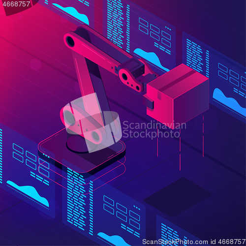 Image of Automated robot arm 3d isometric vector illustration