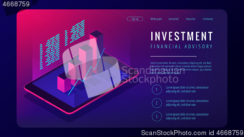 Image of Isometric investment and financial advisory landing page concept.
