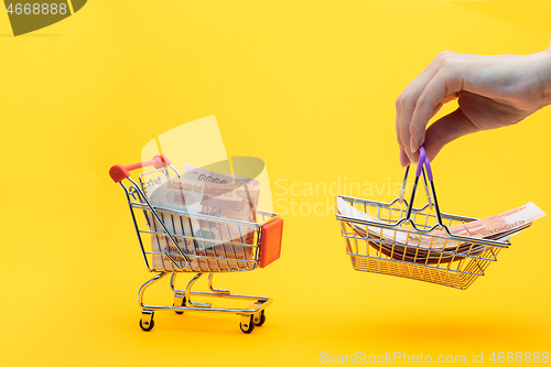 Image of Five thousandth bills are in the grocery cart, a hand holds a grocery basket with bills