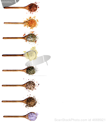 Image of Collection of Spices in Wooden Spoons
