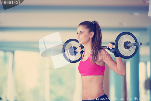 Image of young woman in fitness gym lifting  weights