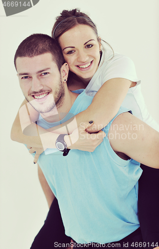 Image of happy young couple fitness workout and fun