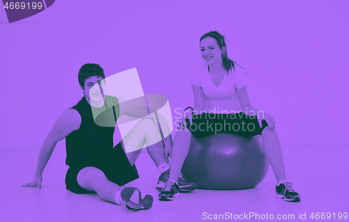 Image of happy young couple fitness workout and fun