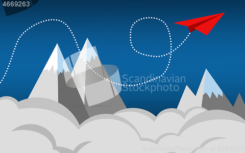 Image of Paper plane flying over mountains