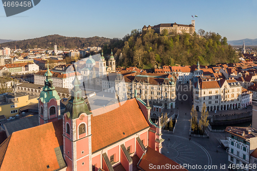 Image of Aerial drone panoramic view of Ljubljana, capital of Slovenia in warm afternoon sun