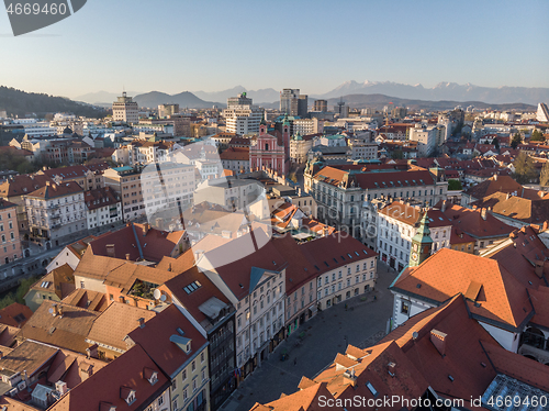 Image of Panoramic view of Ljubljana, capital of Slovenia, at sunset. Empty streets of Slovenian capital during corona virus pandemic social distancing measures in 2020