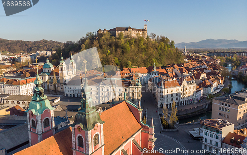 Image of Aerial drone panoramic view of Ljubljana, capital of Slovenia in warm afternoon sun