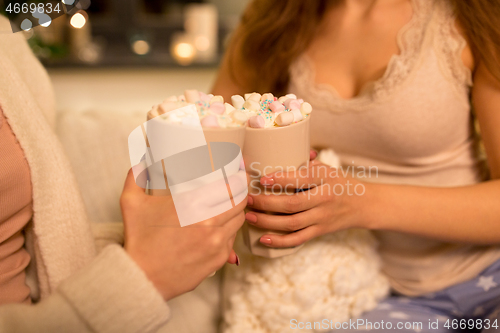 Image of female friends drinking hot chocolate at home