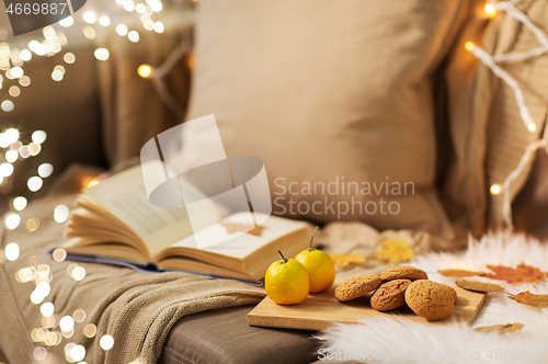 Image of lemons, book, almond and oatmeal cookies on sofa
