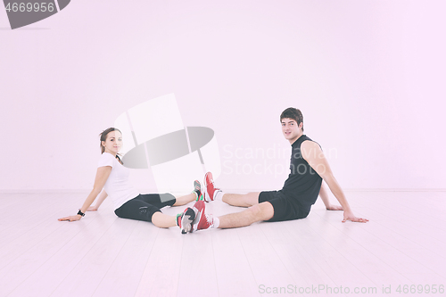 Image of happy young couple fitness workout and fun