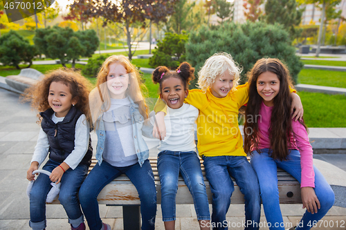 Image of Interracial group of kids, girls and boys playing together at the park in summer day