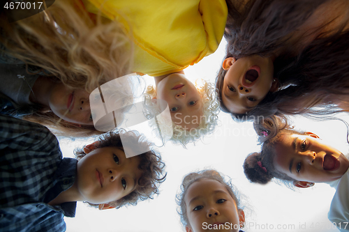 Image of Interracial group of kids, girls and boys playing together at the park in summer day