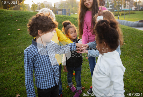 Image of Interracial group of kids, girls and boys playing together at the park in summer day