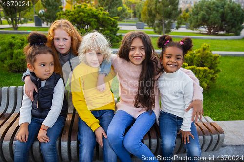 Image of Interracial group of kids, girls and boys playing together at the park in summer day