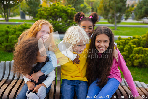 Image of Interracial group of kids, girls and boys playing together at the park in summer day