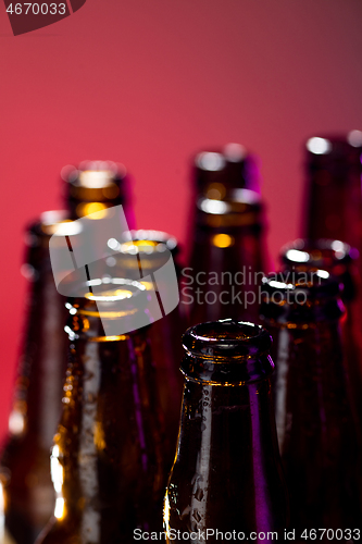 Image of Neon colored beer bottles. Close up on bright studio background