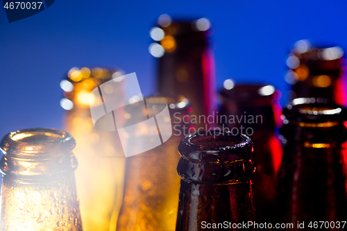 Image of Neon colored beer bottles. Close up on bright studio background