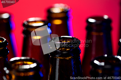 Image of Neon colored beer bottles. Close up on bright studio background