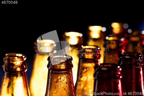 Image of Neon colored beer bottles. Close up on bright studio background