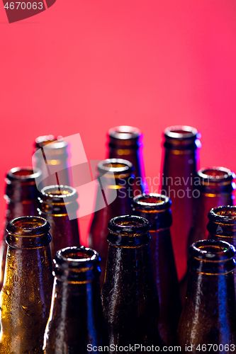 Image of Neon colored beer bottles. Close up on bright studio background