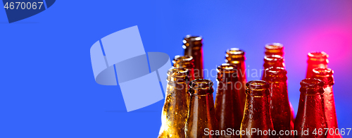 Image of Neon colored beer bottles. Close up on bright studio background