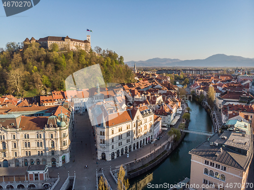 Image of Aerial drone panoramic view of Ljubljana, capital of Slovenia in warm afternoon sun