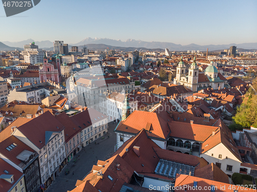 Image of Panoramic view of Ljubljana, capital of Slovenia, at sunset. Empty streets of Slovenian capital during corona virus pandemic social distancing measures in 2020