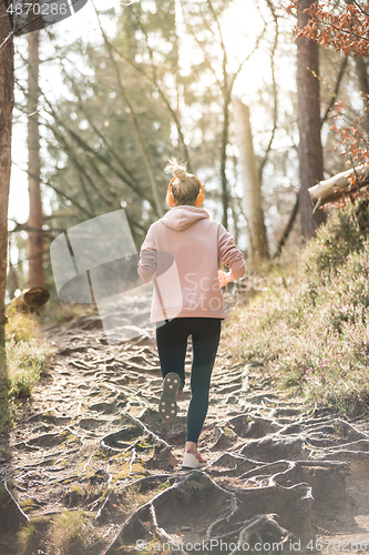 Image of Rear view of active sporty woman listening to the music while running in autumn fall forest. Female runner training outdoor. Healthy lifestyle image of young caucasian woman jogging outside