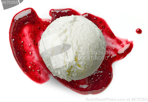 Image of vanilla ice cream on blackcurrant jam