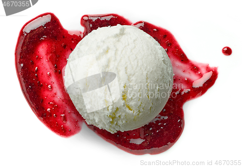 Image of vanilla ice cream on blackcurrant jam