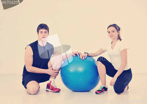 Image of happy young couple fitness workout and fun