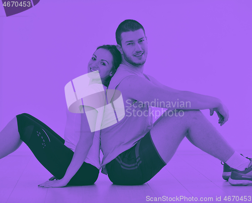 Image of happy young couple fitness workout and fun