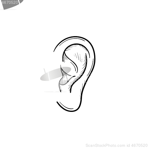 Image of Human ear with sound waves hand drawn outline doodle icon.