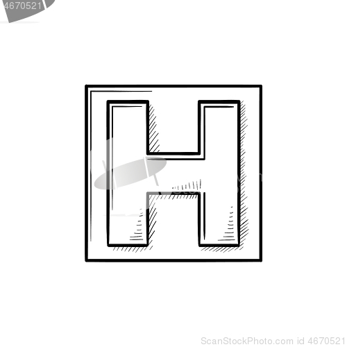 Image of Hospital sign in square hand drawn outline doodle icon.