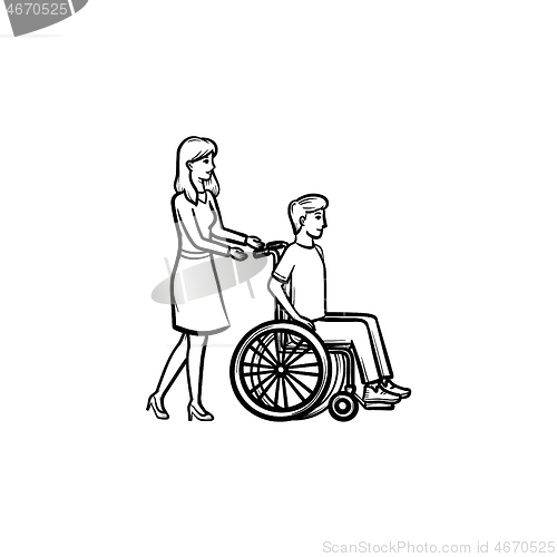 Image of Disable person in wheelchair hand drawn outline doodle icon.