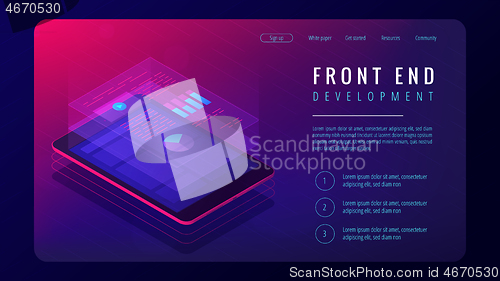 Image of Isometric front end development landing page concept.