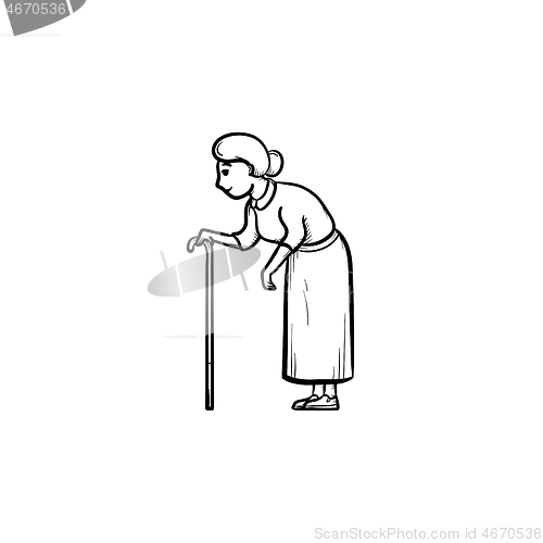 Image of An old woman with cane hand drawn outline doodle icon.