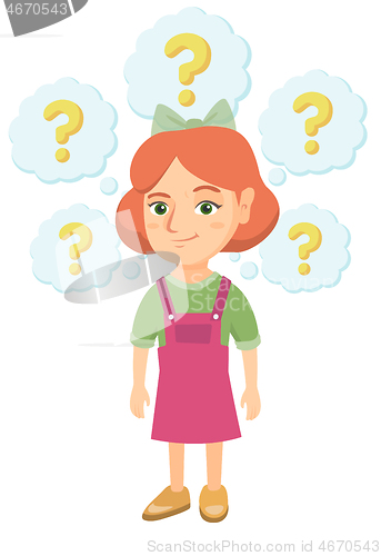 Image of Thinking caucasian girl with question marks.