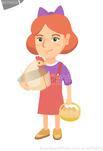 Image of Caucasian girl holding a chicken and hen eggs.