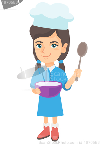 Image of Caucasian girl holding a saucepan and a spoon.