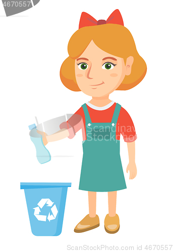 Image of Girl throwing plastic bottle in recycle bin.