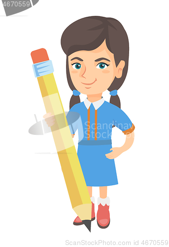 Image of Caucasian kid girl standing with a huge pencil.