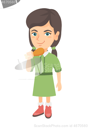 Image of Caucasian girl eating roasted chicken leg.