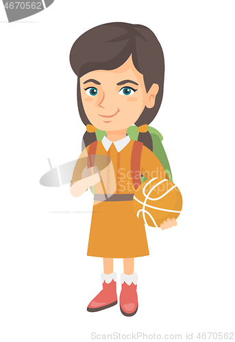 Image of Schoolgirl with backpack holding a basketball.