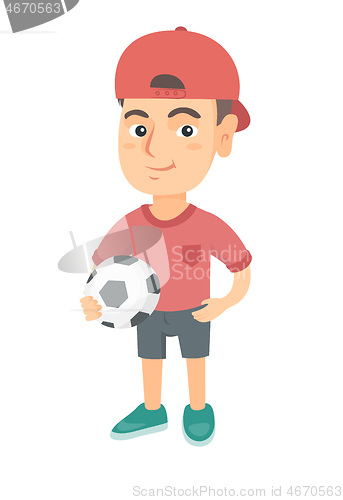 Image of Little caucasian boy holding a football ball.