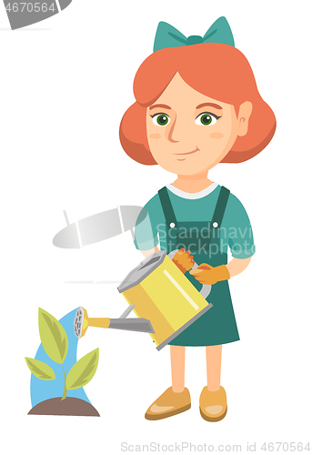 Image of Caucasian girl watering plant with a watering can.