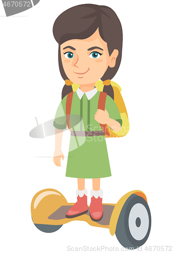 Image of Caucasian schoolgirl riding on gyroboard to school
